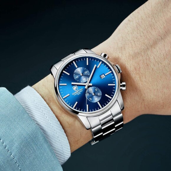 ⚡Silver Blue MenWatches with Black Stainless Steel and Metal Casual Waterproof - Picture 7 of 7